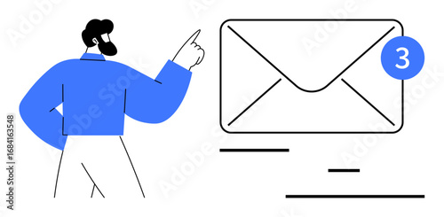 Man pointing at envelope with notification badge showing three unread messages. Ideal for communication, email marketing, notifications, updates, business, reminders, and simple landing page