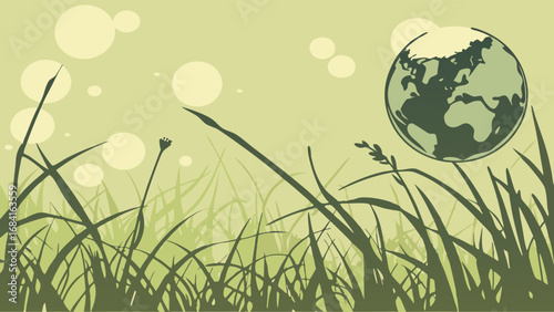 Stylized illustration of planet earth above green grass nature environmental concept.