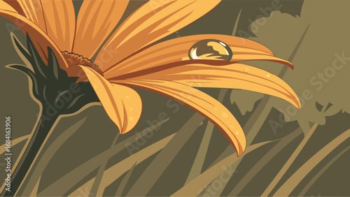 Orange Flower with Dewdrop Nature Illustration Botanical Art Floral Design Abstract Background.