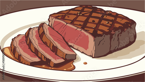 Grilled Steak on Plate Sliced and Ready to Eat Delicious Meat Dish Illustration.