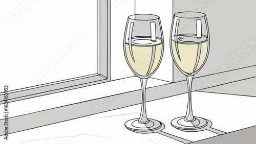 Two Wine Glasses on a Windowsill.