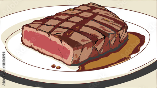 Grilled Steak on a Plate Illustration.
