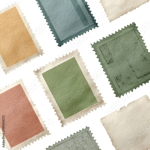 A collection of old blank postage stamps in various colors.