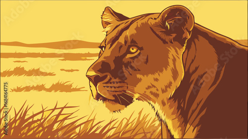 Majestic Lioness in Savanna Landscape.
