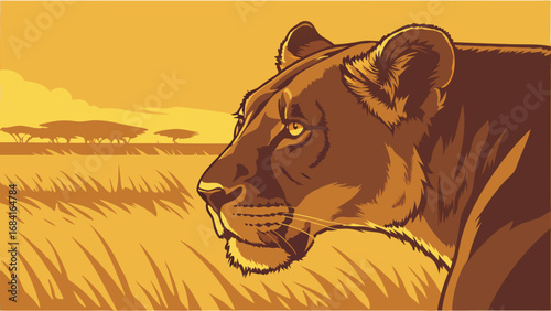 Lioness in savanna landscape sunset wildlife illustration majestic animal portrait African wildlife art big cat design golden hour vector graphic wild animal nature illustration fauna artwork feline .