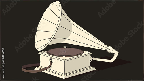 Vintage Gramophone Illustration Retro Music Player Antique Phonograph Design Cream Colored Horn Speaker Nostalgia Illustration Old Record Player Graphic Music History Image Sound Device Art Audio Equ.