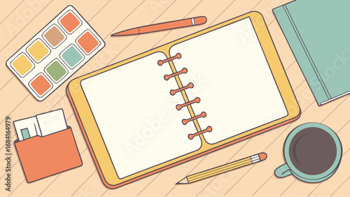 A Flat Lay of Artist Supplies and Stationery Items on a Tabletop.