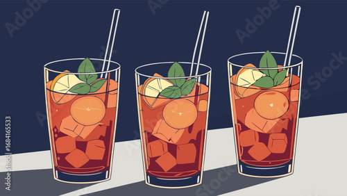 Three refreshing summer cocktails with fruit slices and straws.