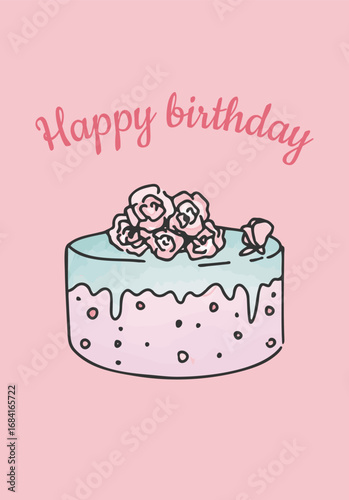 Birthday Cake with Flowers Greeting Card. Doodle – Vector Illustration. EPS
