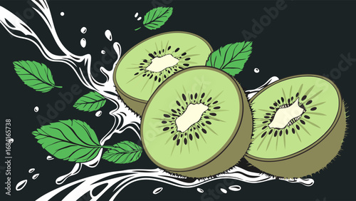 Kiwi Slices with Mint and Water Splash on Dark Background.