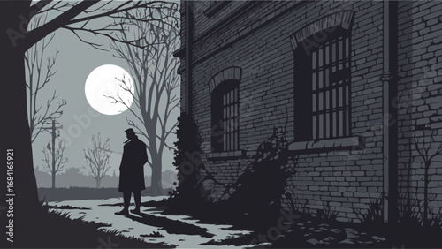 Nighttime Silhouette of a Person Near a Brick Building Under a Full Moon.