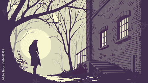 Lonely Figure in Silhouette by a Building at Night.