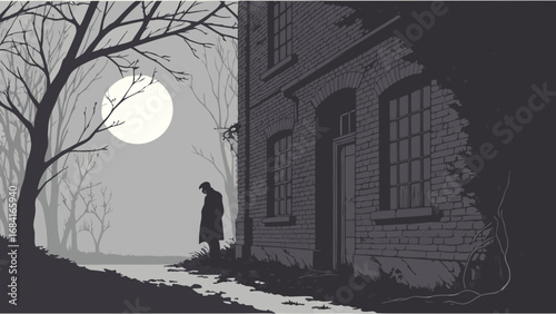 A solitary figure beside an old brick building at night.