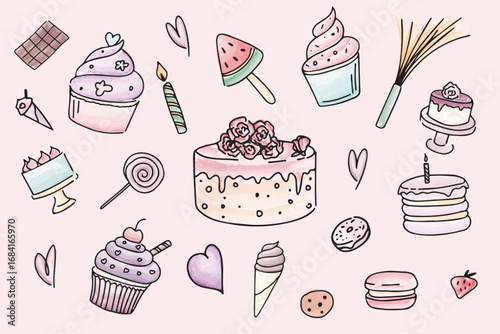 Birthday Sweets and Cake Doodle Set – Vector Illustration. EPS