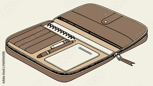 Open Zippered Case with Stationery and Notebook Perfect for Organization and Planning Illustrations.