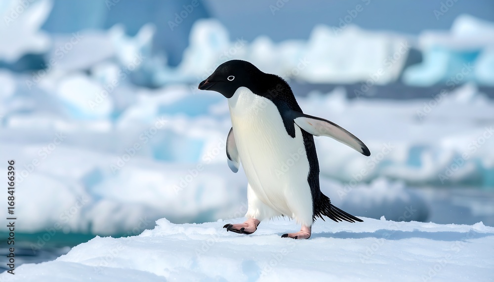 Obraz premium A single Adelie penguin stands poised on a patch of ice, its wings slightly outstretched against a backdrop of icy terrain and a clear, bright sky.