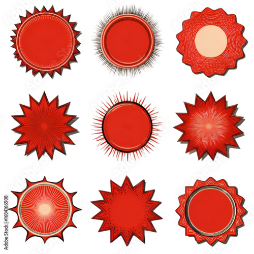 Collection of Red Starburst and Sunburst Graphic Elements.