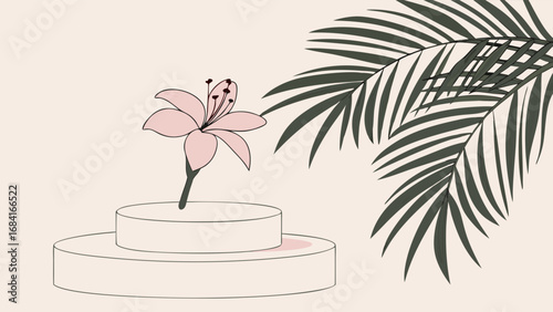 Minimalist Floral Illustration with Tropical Palm Leaf and Podium Design.