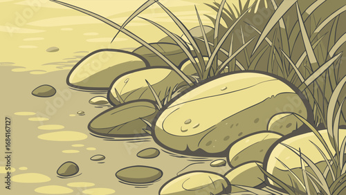 Serene Waterside Scene Illustration.