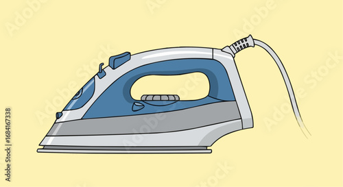 A modern blue and white steam iron with a power cord, used for pressing clothes, against a plain yellow background.