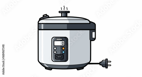 Illustration of a white and gray electric rice cooker with steam coming out of the top.