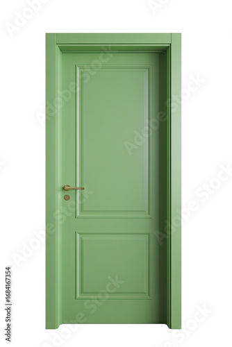 A solid  light sage green door with decorative paneling