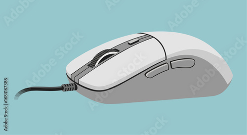 Side view of a white and gray wired computer mouse.