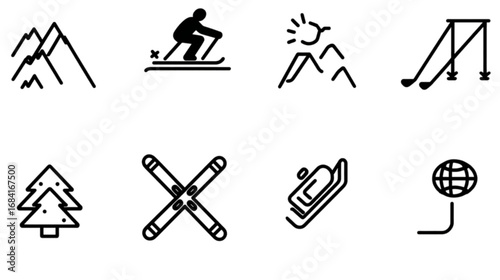 Winter sports and mountain recreation line icon set.