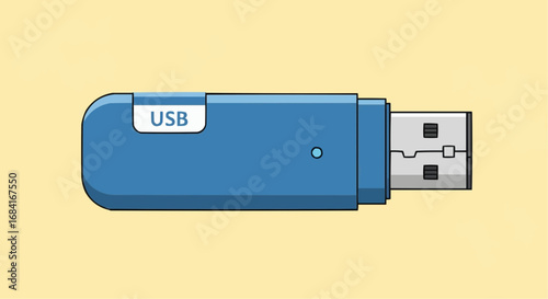 A simple vector illustration of a blue USB flash drive with its connector visible, set against a solid light yellow background.