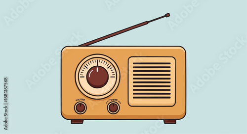 Cartoon illustration of a vintage radio with an antenna on a light blue background.