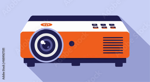 Flat design illustration of a modern orange and white video projector with a long shadow.