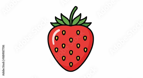A simple, stylized illustration of a ripe red strawberry with green leaves and yellow seeds.