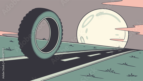 Tire Rolling on Road with Moon Illustration.