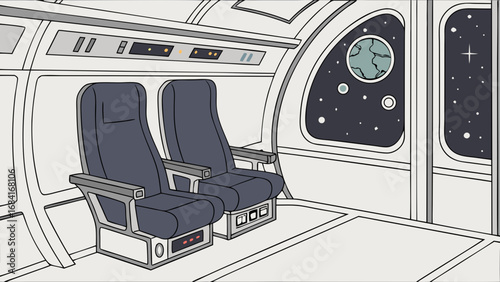 A Spaceship Interior With a View of Space and Planets.