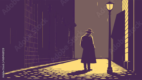 Mysterious Figure Walking Alone on a Cobblestone Street at Night.