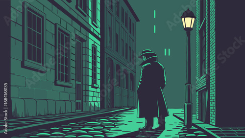 A lone figure in a vintage street scene lit by lamplight.