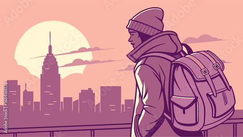 Cityscape View with Traveler Silhouette.