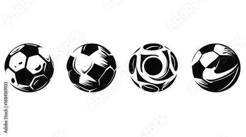 Set of four black and white stylized soccer ball illustrations.