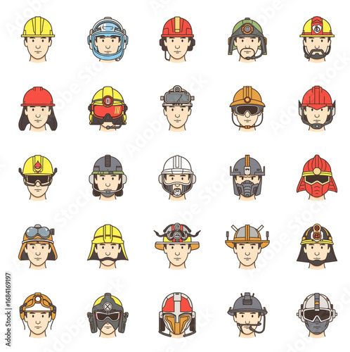 Vector set of 16 helmet head icons in flat style