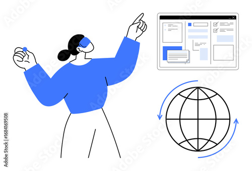 Female figure pointing at web interface with global icon emphasizing international connectivity. Ideal for technology, communication, internet, innovation, education, teamwork, accessibility. Simple