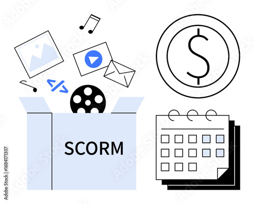 Box labeled SCORM releasing media, code, and documents. Includes dollar icon and calendar. Ideal for e-learning, digital content, planning, resource management, productivity monetization