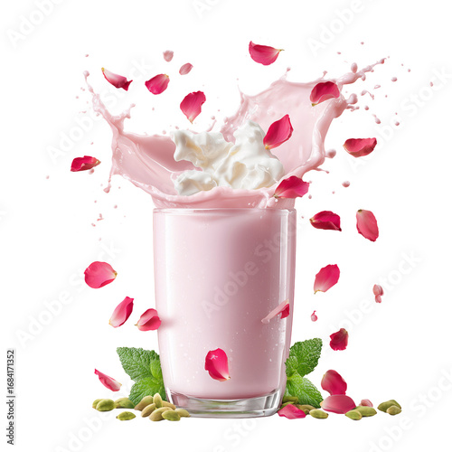 Refreshing Indian Mango Lassi Drink Splashing with Cream, Petals, and Spices