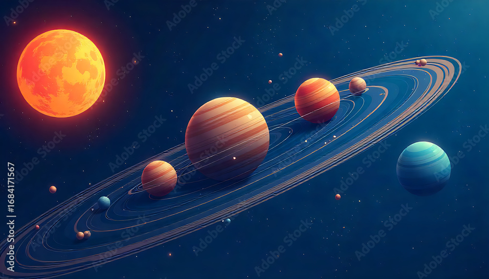 Naklejka premium Colorful Planetary System with Bright Sun and Ringed Planets in Deep Space
