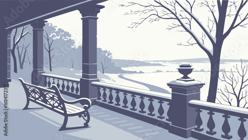 Winter landscape viewed from a veranda with a bench.