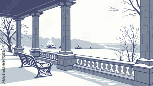Vector illustration of a winter landscape view from a covered porch.