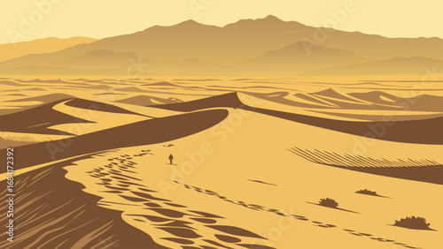 Desert landscape with footprints and mountains.