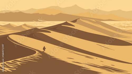 Desert landscape with lone figure walking on sand dunes arid scenery mountain background travel adventure wanderlust illustration.