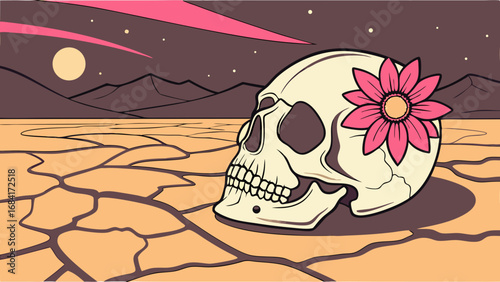 Skull with Flower in Desert Landscape Illustration.