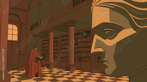 Ancient Library Illustration with Figure and Statue.