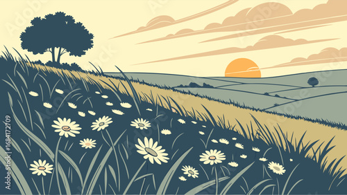 A Peaceful Sunrise Meadow Scene with Daisies.